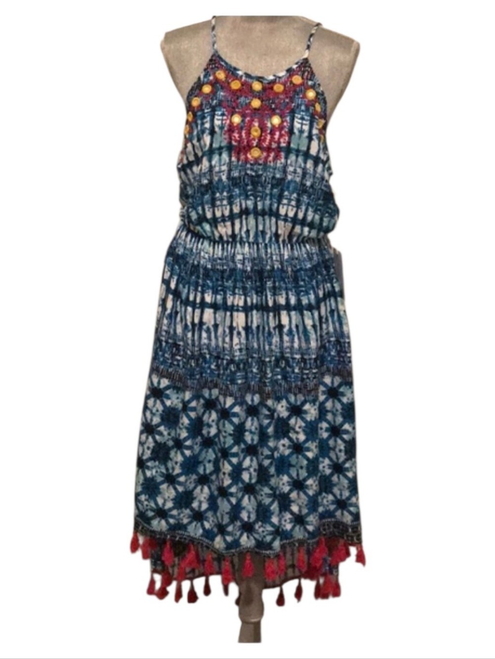 Boho Tie-Dye Blue Midi Dress with Pink Embroidery